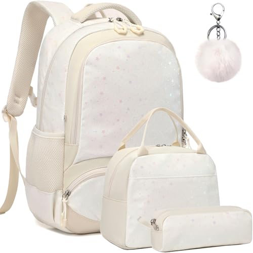 Girls Backpack for Elementary Kids School Bookbag Set Cute Unicorn Backpacks for Girls Water Resistant - color: Glitter Star Beige