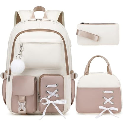 Scothen Backpacks for Girls, Girls Backpack with Lunch Box & Pencil Pouch for Teens Girl Kids Elementary Middle High School College Student Bookbag Daypack Laptop Travel Backpack for Women - color: Khaki