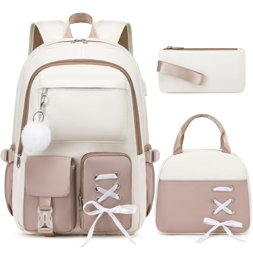Scothen Backpacks for Girls, Girls Backpack with Lunch Box & Pencil Pouch for Teens Girl Kids Elementary Middle High School College Student Bookbag Daypack Laptop Travel Backpack for Women - color: Khaki
