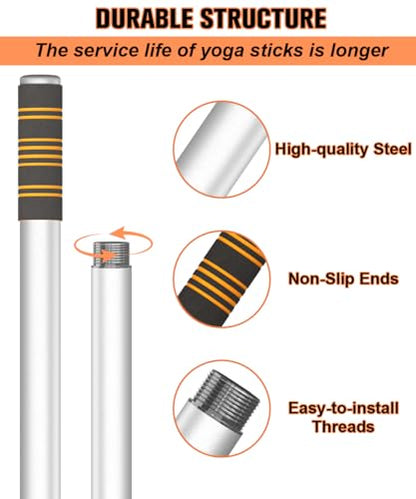 5ft Yoga Stick – Heavy-Duty Steel Adjustable Stretching Bar for Mobility, Flexibility & Balance. Multi-Functional Fitness Pole with 4 Steel Rods & Comfort Foam Grips - color: White