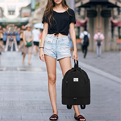 KAMO Drawstring Backpack Bag - Sport Swimming Yoga Backpack with Shoe Compartment, Two Water Bottle Holder for Men Women Large String Backpack Athletic Sackpack for Travel - color: Black