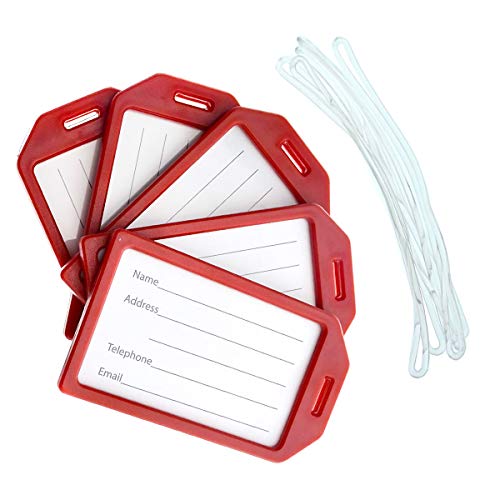 5 Pack - Premium Rigid Airline Luggage Tag Holders with 6" Worm Loops - Heavy Duty Hard Plastic -Suitcase ID Tag Identifiers with Business Card Insert Window by Specialist ID (Red) - color: Red, size: 5 Pack