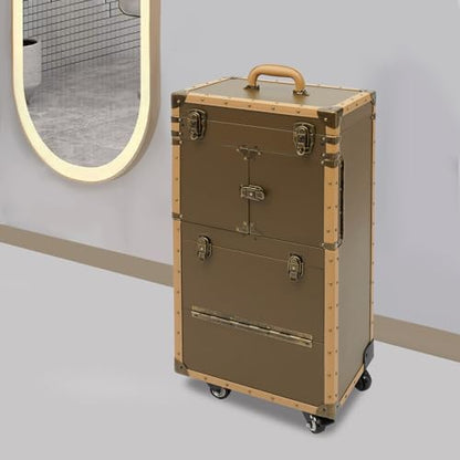 Cosmetic Train Case,Rolling Makeup Train Case,Travel Stylist Case Lockable Hairdressing Trolley,Professional Makeup Case for Make-up Artists - color: Gold