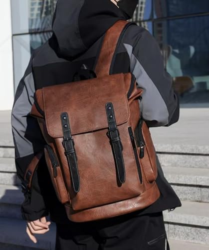 PU Leather Casual Backpack 15.6 Inches Travel College Work Business Laptop Backpack Multi-Pocket Schoolbag (Brown2) - color: Brown2