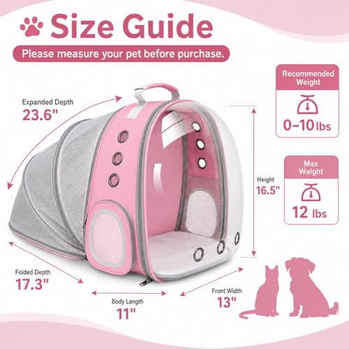 Expandable Cat Carrier Backpack with Bubble Window, Pink - color: Pink