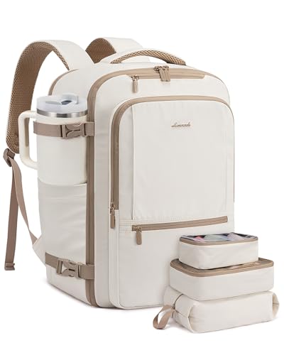 LOVEVOOK Travel Backpack for Women & Men, 50L Large Carry On Backpack Airline Approved, TSA Personal Item Weekender Bag, Water Resistant Laptop Backpacks with 3 Packing Cubes for Travel Essentials - color: Beige, size: 19 Inch - 4 Pcs