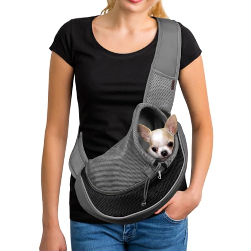 YUDODO Pet Sling Carrier for Small Dogs & Cats – Hands-Free Puppy Carrier with Safety Hook, Large Zipper Pocket, Soft Breathable Mesh, Adjustable Strap & Reflective Strip (Black 1.0 S) - color: Black 1.0 Basic (Zipper Pocket), size: Small (2-4.5lbs)