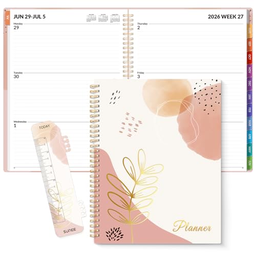 SUNEE Academic Planner 2026-2027 – Weekly & Monthly Planner, July 2026 to June 2027, 8.5"x11", Thick Paper, Tabs, Pockets, Bookmark, Spiral-Bound, Student Teacher Organizer, Blushing Abstract Breeze - color: Pink Breeze