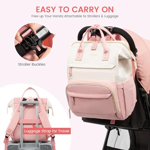 LOVEVOOK Diaper Bag Backpack, Baby Bag with Changing Station, Large Diaper Backpack for Moms Dads, Waterproof Leather Accents Baby Boy and Girl Bag for Travel Baby Essentials, Pink-Beige - color: Pink-beige