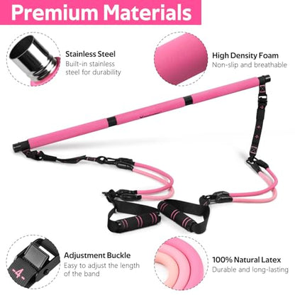 Pilates Bar Kit with Resistance Bands, Multifunctional Pilates Bar for Women & Men with Heavy-Duty Metal Adjustment Buckle, Pilates Home Equipment for Full BodyWorkouts - color: Pink