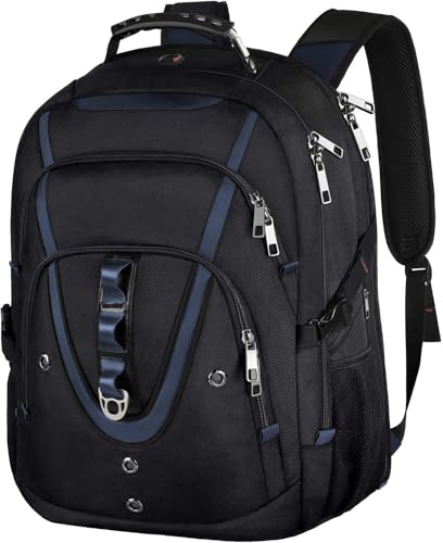 18.4 Laptop Backpack Men Women, 55L-60L Extra Large Laptops Backpack, TSA Friendly Flight Approved and RFID Anti-theft Pocket,Water Resistant Suiltable for Traveling - color: Black-blue, size: 18inch(21.5*16.3*9.9")