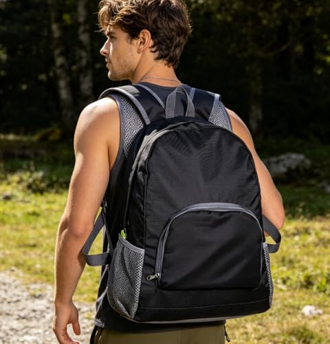 1 Pack Foldable Lightweight Black Backpack, Unisex Water Resistant Daypack, Durable Large Capacity Rucksack for Hiking Camping Travel Outdoor Use - color: Black