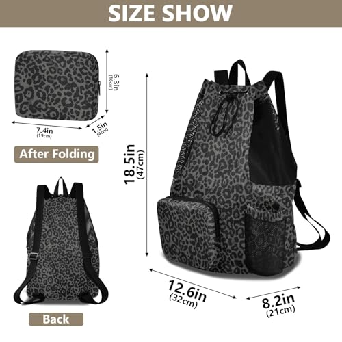 Bolaz Beach Drawstring Backpack Mesh Swim Bag for Women Men Gray Leopard Cheetah Swimming Gym with Wet Pocket Packable Sports - color: Gray Leopard Cheetah
