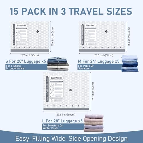 Travel Vacuum Storage Bags with Rechargeable Cordless Pump, 15 Pack 3 Sizes Compression Packing Bag Set for Luggage, Thickened Vacuum Seal Bags for Clothing, Triple-Zipper Sealer Upgrade - size: 15 Pack In 3 Sizes