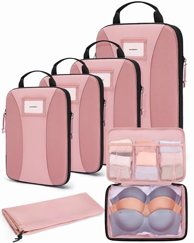 BAGSMART Compression Packing Cubes, 6 PCS Packing Cubes for Suitcases, Travel Bags Organizer for Luggage, Lightweight Packing Cube for Travel Essentials - color: Baby Pink, size: 6 Set