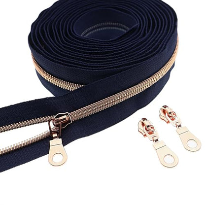 #5 Rose Gold Metallic Nylon Coil Zippers by Yard Bulk Coil Zipper Roll 10 Yards with 25pcs Silver Pull for DIY Sewing Craft Bag(Navy Blue) YIGUANXIN - color: Navy Blue- Rose Gold