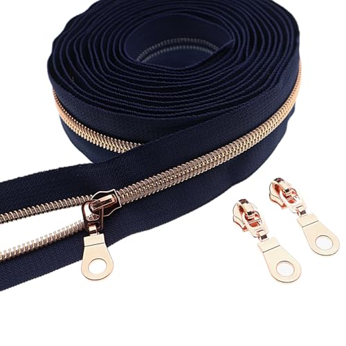#5 Rose Gold Metallic Nylon Coil Zippers by Yard Bulk Coil Zipper Roll 10 Yards with 25pcs Silver Pull for DIY Sewing Craft Bag(Navy Blue) YIGUANXIN - color: Navy Blue- Rose Gold