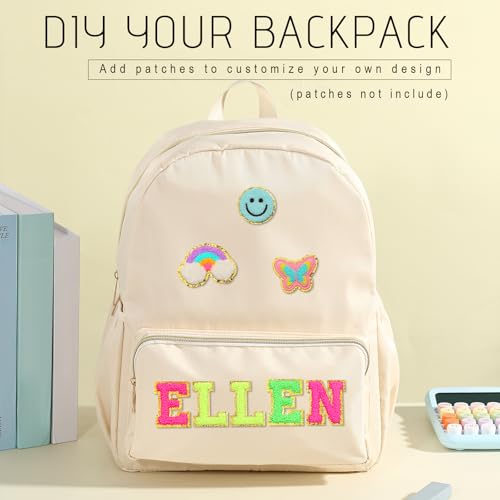 1 Piece Nylon Backpack Kids School Backpack for Toddler Girls Boys Plain Waterproof Preppy Bookbags Travel for Student (Beige) - color: Beige