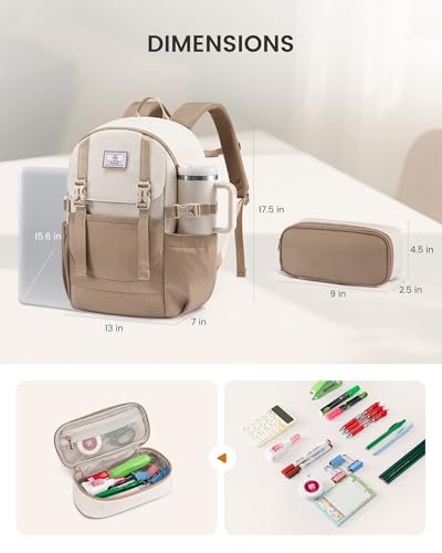 LOVEVOOK School Backpack for Teen Girls, Waterproof Travel College Bookbag for Middle High School with Large Cup Holder & Pencil Case, Fits 15.6'' Laptop, Cute Aesthetic Kids Student Backpack - color: Khaki