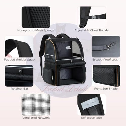 Double Cat Backpack Carrier for 2 Cats, Double-Compartment Pet Carrier Backpack for Two Small Cat or One Medium Cat, Cats Carrier Backpack Dog Carrier Backpack Fits Up to 24 Lbs,Black - color: Black