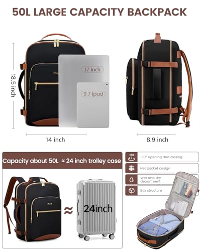 LOVEVOOK 50L Travel Backpack for Women & Men, Airline Approved Carry On Luggage with 3 Packing Cubes, TSA Overnight Bags, Waterproof Personal Item Bag, Weekender Essentials Backpacks fits 17" Laptop - color: Black-brown, size: X-Large