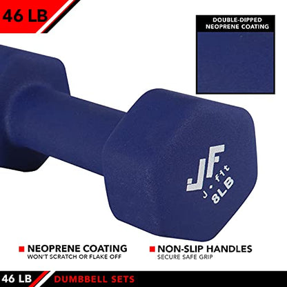 JFIT Dumbbell Pairs or Sets – Neoprene & Vinyl Coated Hand Weights for Home Gym, Strength Training, Aerobics, Cardio Exercise and Fitness - size: 46 lbs (Set), style: Dumbbell Set with Rack