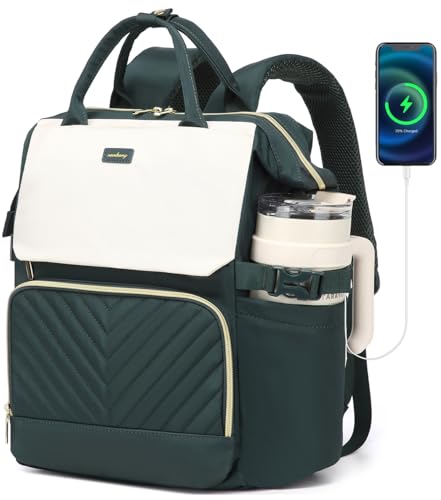 Computer Backpack for Women, Work Bag Laptop Bookbag with Cup Holder & USB Charger for Teacher Nurse College Travel Back Pack, Gifts, Beige DarkGreen - color: Beige Darkgreen, size: 15.6in