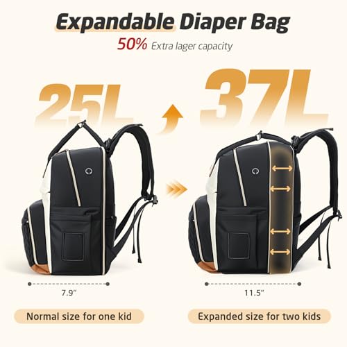 Diaper Bag Backpack - Extra Large Diaper Backpack for 2 Kids Twin, Travel Baby Bags for Mom Dad 25-37L Expandable with Changing Pad, Quilted Beige Black - color: Quilted_beige Black