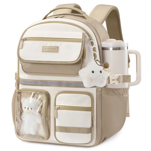 LOVEVOOK School Backpack for Girls, Cute Bookbag for Teen 8-16, DIY Friendly 15.6" Laptop Backpack for Middle High College Student Back to School, Bag with Water Bottle Pocket for Travel, Khaki - color: Khaki