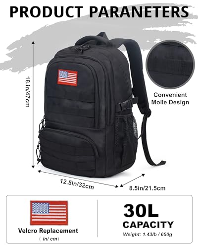 30L Tactical Camo Backpack for Boys 900D Military Schoolbag with 4 Pockets - color: Black