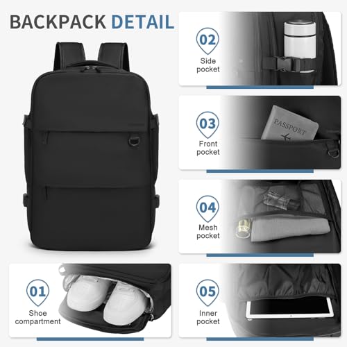 Travel Backpack for Men Women, 35L Laptop Backpack W/Shoe Compartment, Water Resistant Flight Approved Fits 15.6-inch Laptop, Black - color: Black