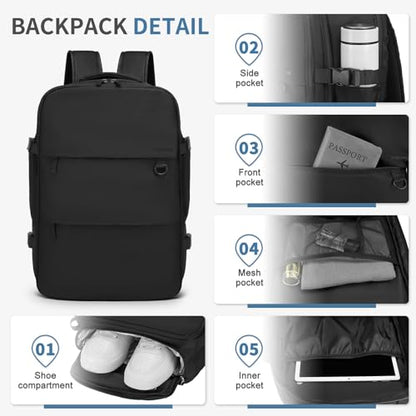 Travel Backpack for Men Women, 35L Laptop Backpack W/Shoe Compartment, Water Resistant Flight Approved Fits 15.6-inch Laptop, Black - color: Black