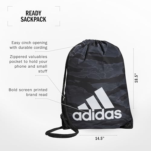 adidas Ready Sackpack – Drawstring Backpack Lightweight Small Gym Bag - color: Essential Camo Black/White/1.0