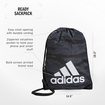 adidas Ready Sackpack – Drawstring Backpack Lightweight Small Gym Bag - color: Essential Camo Black/White/1.0