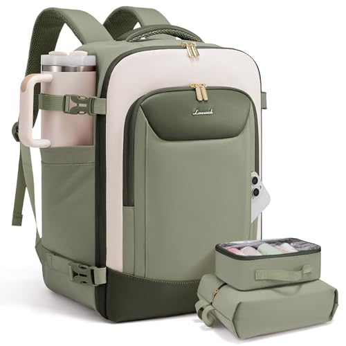 LOVEVOOK 50L Travel Backpack for Women Men, Large Carry on Backpack for Airplanes TSA Personal Item Travel Bag fits 17.3" Laptop, Waterproof Weekender Essentials Airline Approved with 2 Packing Cubes - color: Light Green-beige-olive Green, size: 50L-3Pcs