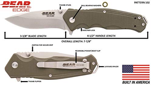 Bear Edge G10 Sideliner, 3 3/8” 440 High Carbon Stainless Steel Blade, Green G10 Handle, Trigger Open and Reversible Pocket Clip (61102)