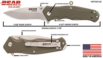Bear Edge G10 Sideliner, 3 3/8” 440 High Carbon Stainless Steel Blade, Green G10 Handle, Trigger Open and Reversible Pocket Clip (61102)
