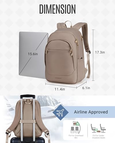 LIGHT FLIGHT Travel Backpack for Women, 15.6 Inch, Champagne | Laptop Backpack, USB Charging Hole, Water Resistant, Large Capacity, College Bookbag - color: Champagne, size: 15.6 Inch without Wheels