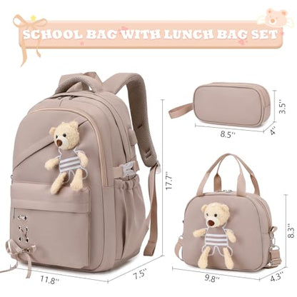ACESAK School Backpack for Girls - 3 PCS Cute Girls Backpack with Lunch Box & Pencil Case - Kawaii Casual Kids Bookbag School Bag Daypacks Set for Elementary Middle High School Student Teens (Khaki) - color: Khaki