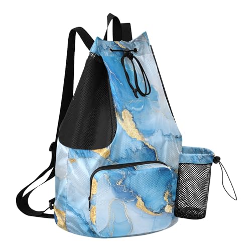 Women Mens Drawstring Backpack Camp Bag With Water Bottle Holder String Swim Bag Dry Wet Separation Marble Blue White - color: Color 14