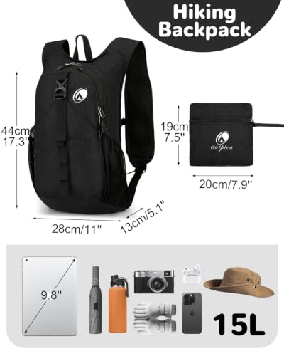 Folding Hiking Backpack with Phone Pocket for Men Women, Small Ultralight Packable Casual Daypack with Shoulder Chest Straps for Travel, 15L Foldable Lighweight Day Pack, Black - color: Black