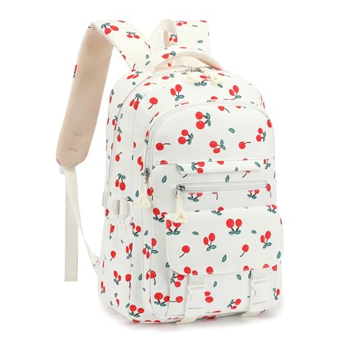 Kids High Middle School Backpack for Girls 5-12 Kawaii Travel Cherry Bookbag,Beige Cherry - color: Beige Cherry