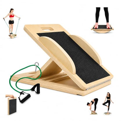 3-in-1 Portable Wooden Slant Board, Balance Board & Resistance Band – 5 Incline Angles –Incline Board – Slant board for exercise, Squats, Physical Therapy – Anti-Slip Surface, Portable, Metal Hook