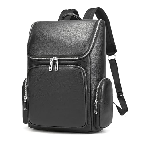 Genuine Leather Black Backpack - 15.6 Inch Business Laptop Backpack for Men & Women, Multi-Compartment Ergonomic Shoulder Bag for Office, Travel - color: Y60&71 Black