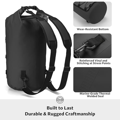 STOVER 5/10/25/30/40/55L Waterproof Dry Bag- Roll-Top Backpack w/Phone Case- Kayaking, Hiking, Camping, Boating- Men/Women - color: 25l Black (With Phone Case), size: 25L