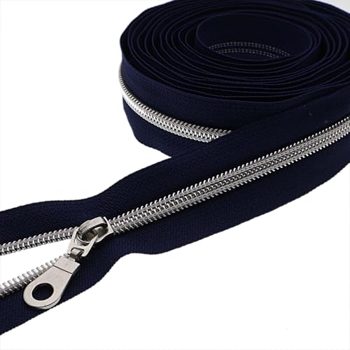 #5 Silver Metallic Nylon Coil Zippers by Yard Bulk Coil Zipper Roll 10 Yards with 25pcs Silver Pull for DIY Sewing Craft Bag(Navy Blue) YIGUANXIN - color: Navy Blue-Silver