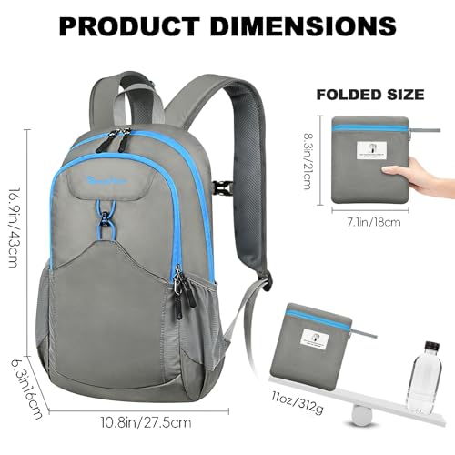 Seektop 15L Small Lightweight Hiking Backpack for Men Women Foldable Packable UltraLight Daypack for Travel Daily Outdoor - color: Gray