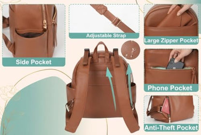 MOMINSIDE Small Diaper Bag Backpack, Mini Diaper Bag with 11 Pockets, Leather diaper backpack, Baby Diaper Bag for Baby Girls, 2 Insulated Pockets, Stroller Straps (Brown)