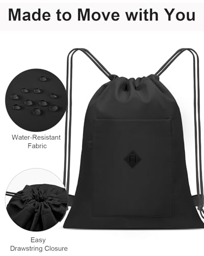 BAVELOE Drawstring Backpack Sports Gym Sackpack with Pockets Water Resistant Cinch String Bag for Women Men（Black） - color: Black