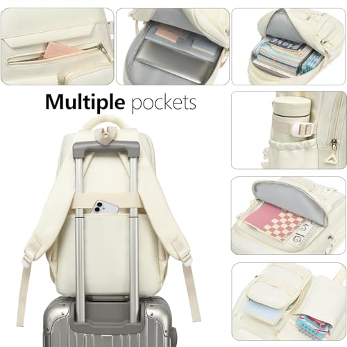Cute Backpack for Teen Girls Boys, Aesthetic Travel Bookbag for High Middle School College Student (Beige) - color: Beige
